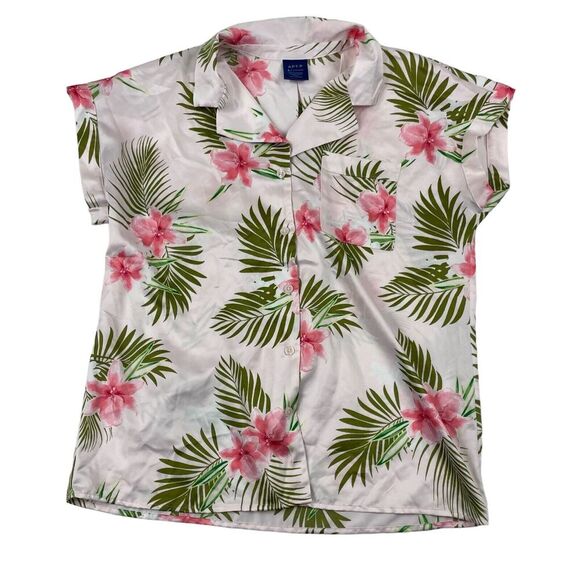 Apt.9 Intimates Sz S Pink Satin Button Up Pajama Shirt Tropical Floral Collared - Picture 1 of 5